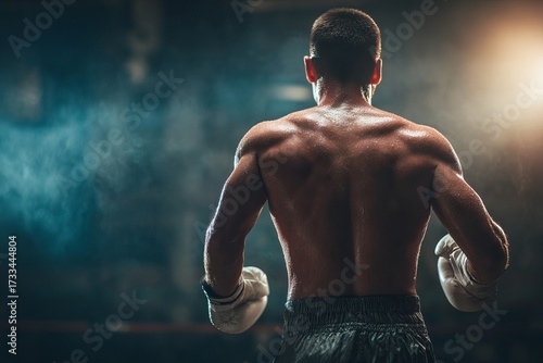 Muscular boxer, back view, in gym