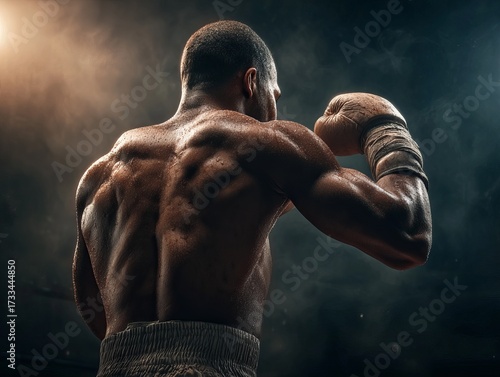 Boxer's powerful back muscles in dramatic pose
