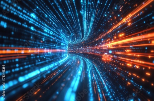 A vibrant, dynamic tunnel of blue and orange light streams, suggesting speed, technology, and digital innovation.