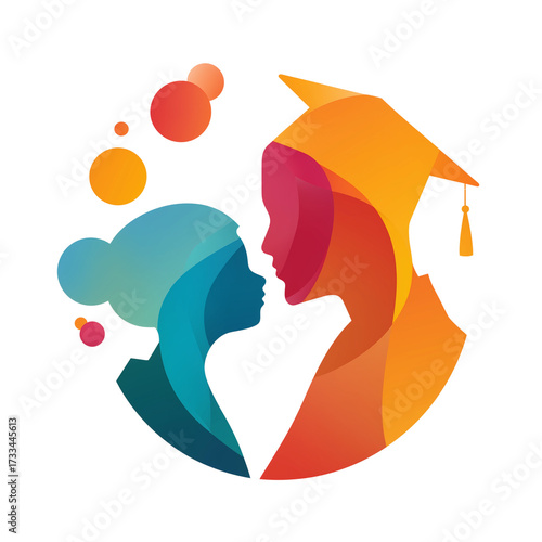 Abstract colorful profile silhouettes of two people facing each other with graduation cap and bubbles isolated on transparent background