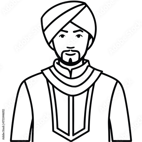Cultural Portrait – Man in Turban and Traditional Robe Line Art
