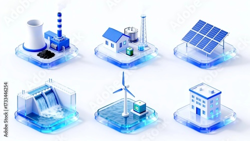 Clean Energy Ecosystem Icons — Solar, Hydro, Wind, Storage & Power Plants (3D Render)