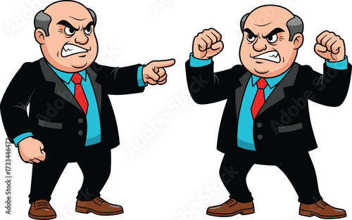 Cartoon illustration of two angry businessmen in suits arguing, shouting, pointing fingers, raising fists, conflict, aggression, business disagreement, stress