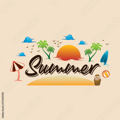 Lettering Summer vibe with this breezy beach scene, perfect for vacation promos, sunny designs, evoking joy, cards invitations, icon on banner and etc