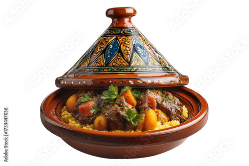 Moroccan Tagine Maghreb bowl with meat and vegetable in traditional clay pot, isolated on white transparent background. Concept of ethnic Arabic cuisine dish