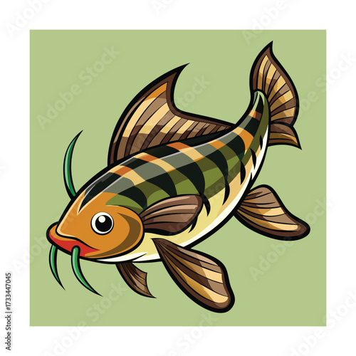 Cartoon Catfish With Green Barbels And Brown Fins Keywords: catfish, fish, aquatic, animal
