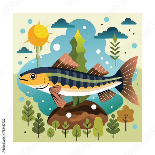 Cartoon fish illustration with sun and trees in a natural setting