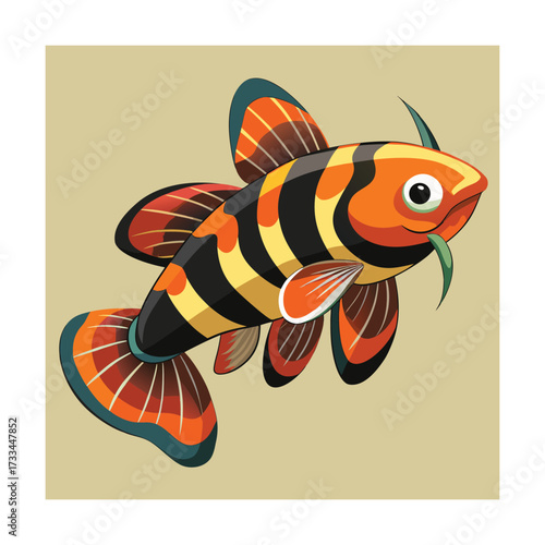 Cartoon guppy fish with orange black and yellow stripes and barbels Keywords: fish, guppy