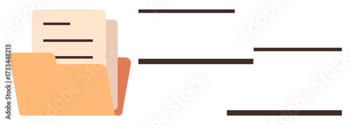 Folder holding documents alongside horizontal lines indicating data exchange, file management, or structuring. Ideal for organization, data storage, filing, sharing, logistics, analysis