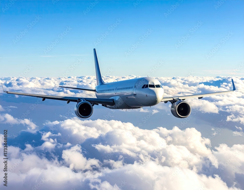 Fototapeta premium Aircraft Flying Through Puffy White Clouds Under Blue Sky
