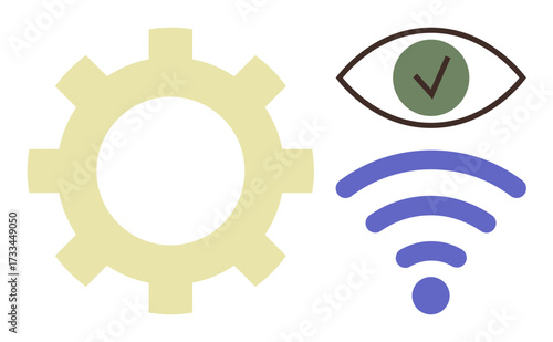 Gear, eye with a green checkmark, and wireless signal communicate ideas of technology, automation, connectivity, monitoring, vision, system integration and optimization. Ideal for digital projects