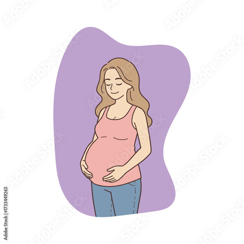 Pregnant woman vector illustration female character gently holding belly cartoon style drawing maternity motherhood concept expecting mother health family care lifestyle flat design