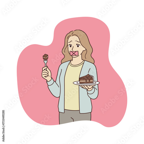 Woman holding cake vector illustration female character with taped mouth resisting dessert temptation cartoon style drawing unhealthy food diet concept sweet chocolate slice eating restriction