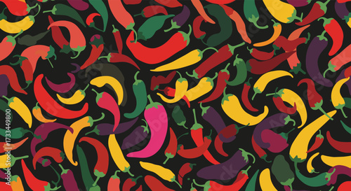 A vibrant and colorful pattern of various chili peppers on a dark background.