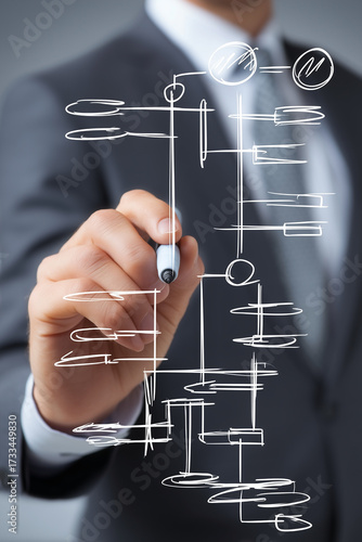 Creating Strategies: Businessman drawing a flowchart with a marker, outlining process steps for a project in modern business
