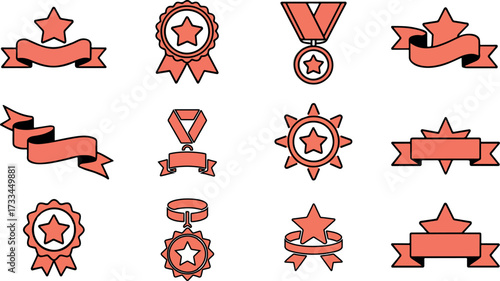 A set of decorative award ribbons and badges, featuring stars and banners for recognition, achievement, and celebratory designs in various styles and arrangements
