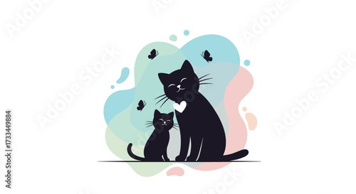 Two black cats one adult and one kitten with butterflies around them on a colorful background.