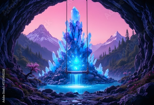 Discover a magical cave with a crystal swing and cascading water in a dreamy mountain landscape escape