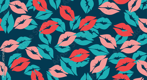 A repeating pattern of kiss marks and leaves on a dark blue background.