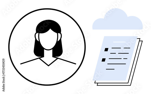 Female avatar in a circle next to documents under a cloud silhouette. Ideal for data management, digital storage, cloud computing, profile creation, online identity, file organization, simple flat