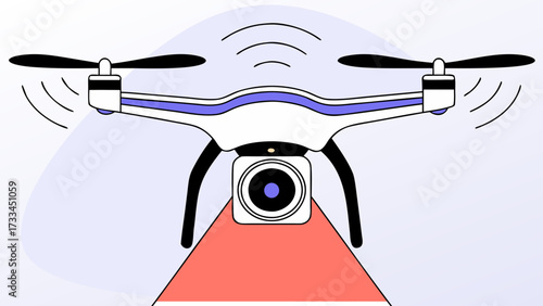 Illustration of a white drone with black propellers and a red payload carrying a camera system on transparent background silhouette
