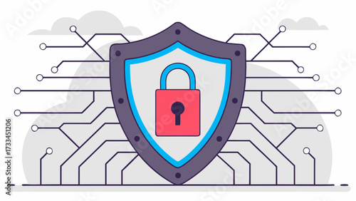Illustration of a shield with a padlock inside and circuit lines around it for security concept on transparent background silhouette