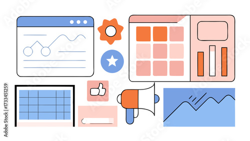 Illustration of various business and marketing related icons and graphics on a white background design on transparent background silhouette