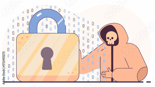 Illustration of a hooded figure with a skull face standing next to a large yellow padlock symbol with keyhole on transparent background silhouette