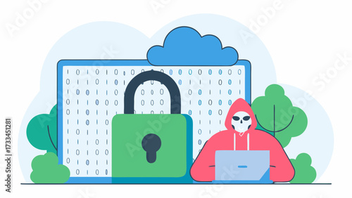 Illustration of a hacker with laptop bypassing security represented by a padlock and cloud system on transparent background silhouette