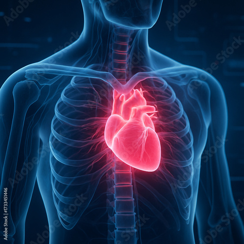 AI generated ultra realistic medical illustration showing glowing human heart anatomy with detailed rib cage and blood vessels in futuristic digital scan style for healthcare and science concepts