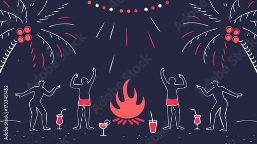 People dancing around campfire on beach with palm trees and drinks at night celebration scene on transparent background silhouette