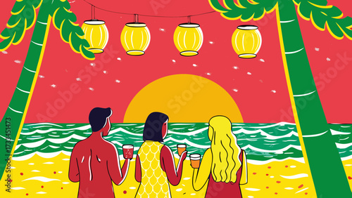 People watching sunset on beach with palm trees and lanterns hanging above during a tropical vacation scene on transparent background silhouette