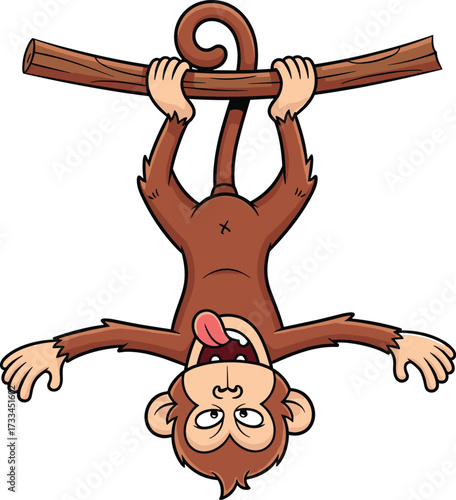 Cartoon monkey character, hanging upside down, playful animal, tongue out, tree branch, smiling pose, jungle illustration, vector art, white background