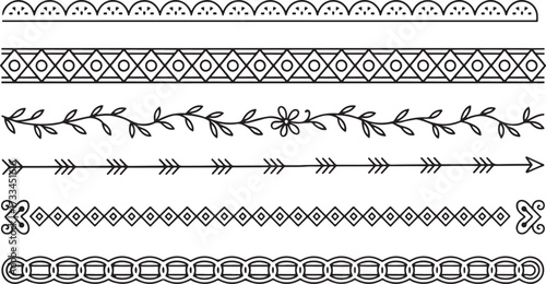 A set of decorative borders, featuring various designs such as scalloped edges, geometric patterns, floral vines, arrow lines, and ornamental details for creative projects