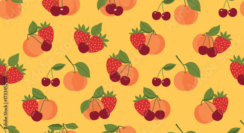 A vibrant seamless pattern featuring fresh strawberries cherries and apricots on a sunny yellow background.