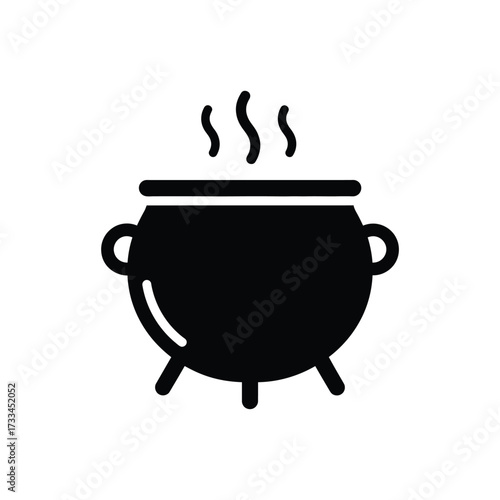 Black silhouette of a steaming cauldron with handles and three legs, on a white background, evoking magic and cooking.