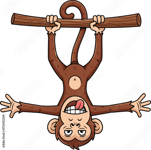 Cartoon monkey illustration, hanging upside down, playful animal, wooden branch, tongue out, smiling pose, jungle character, vector art, white background