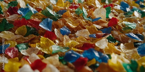 Colorful Recycled Plastic Flakes Close-Up. for illustrating environmental conservation and circular economy themes.