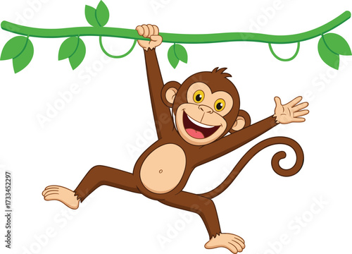 Cartoon monkey hanging, cheerful expression, playful pose, vine swing, jungle theme, fun character, smiling face, animated style, white background