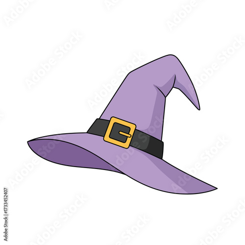 A cartoon illustration of a purple witch's hat with a black band and a golden buckle, isolated on a white background.