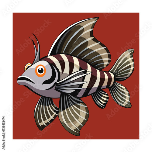 Striped fish with spiky fin and red background Keywords: fish, cartoon, striped, spiky fin, red