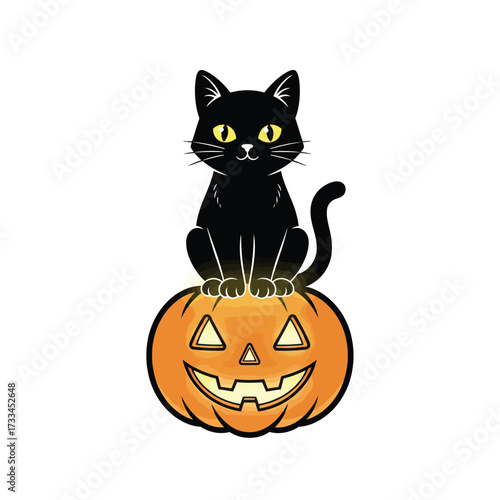 A cute black cat with bright yellow eyes sitting atop a carved orange jack-o'-lantern, ready for Halloween festivities.