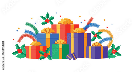 A colorful collection of wrapped presents with festive holiday decorations and confetti.