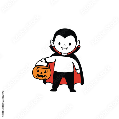 Cute cartoon child dressed as a vampire for Halloween, holding a pumpkin trick-or-treat bucket.