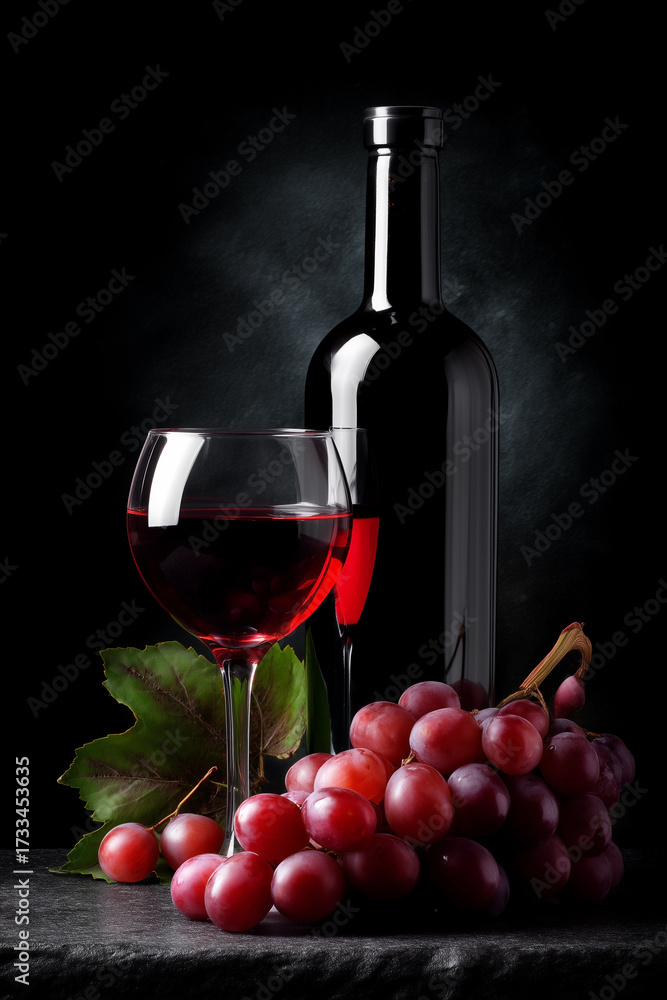 Fototapeta premium Elegant still life featuring a glass of red wine, a bottle, and fresh grapes against a dark backdrop, perfect for wine enthusiasts.