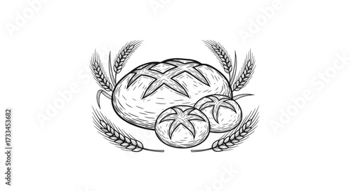 Artistic illustration of freshly baked artisanal bread loaves and wheat stalks.