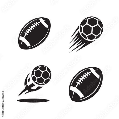 Four Sports Balls Including American Football and Soccer Balls in Motion vector illustration