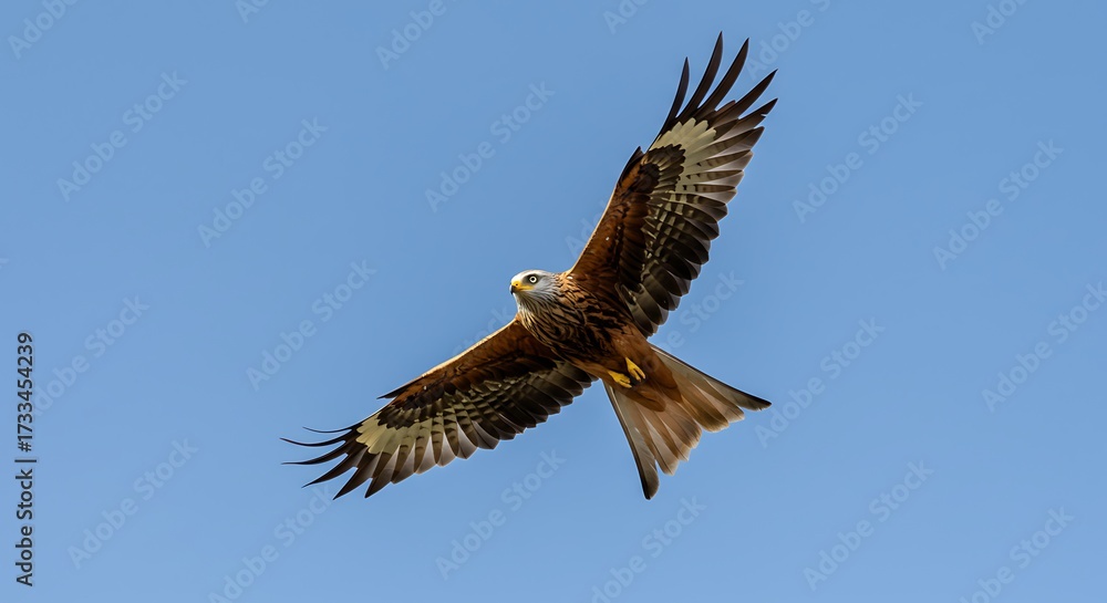 Fototapeta premium Majestic bird of prey soaring against clear blue sky background