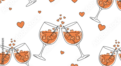 Two glasses of bubbly wine clinking together with small orange hearts floating around them.