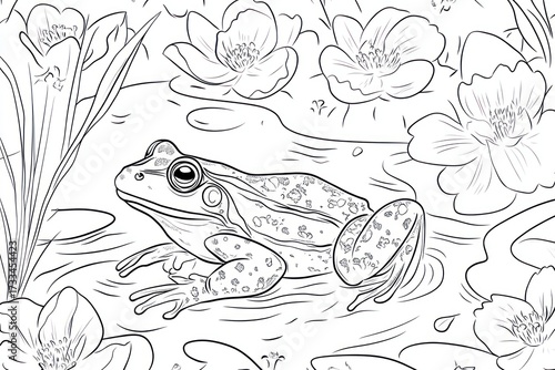 Wallpaper Mural Frog resting on lily pads in a floral pond scene. Detailed line drawing, perfect for coloring Torontodigital.ca
